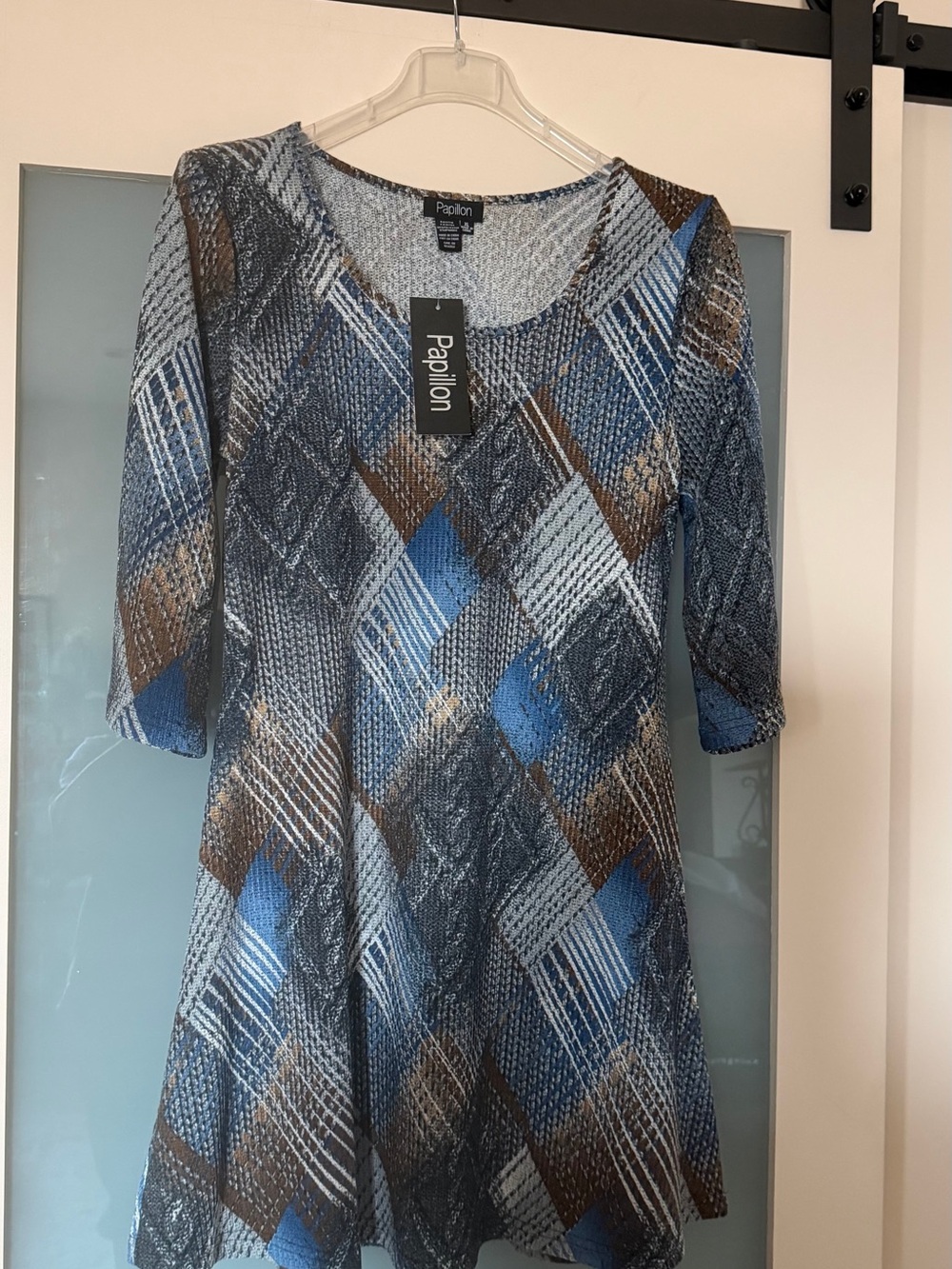 Papillon Blue, Brown & Gray Diamond Print dress New with Tags. Size XL NWT’s